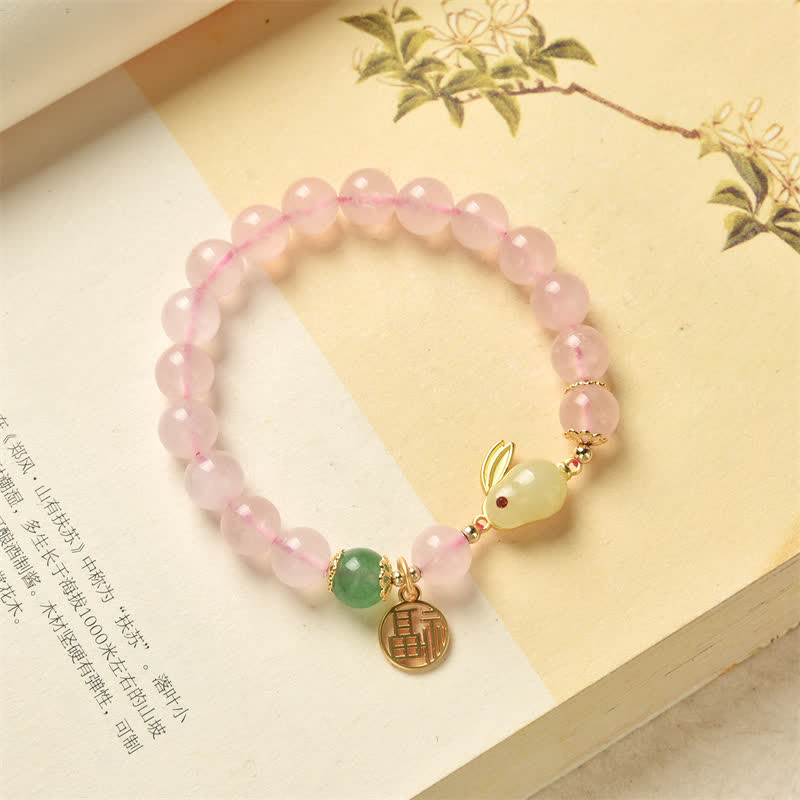 Armband „Jahr des Kaninchens“, natürliches rosa Kristallgrünes Achat-Häschen-Liebes-Glück-Armband