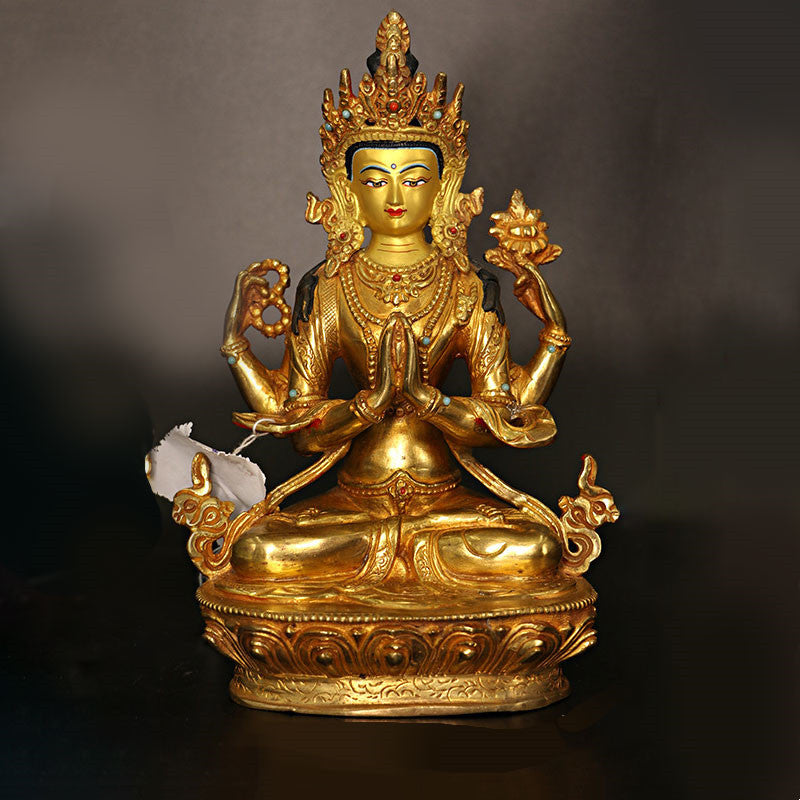 Bodhisattva Tara Chenrezig Vierarmiger Avalokitesvara-Schutz, Kupfer vergoldete Statuendekoration