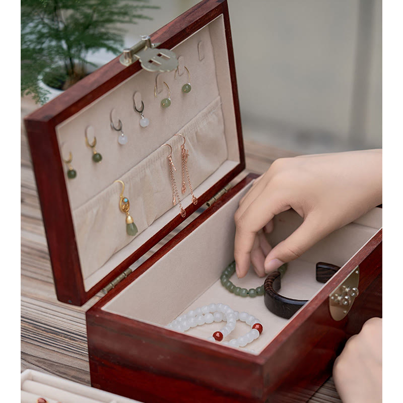 Antike handgemachte rote Sandelholz-Palisander-Schmuck-Aufbewahrungsbox, abschließbare Geschenk-Organizer-Box aus massivem Holz