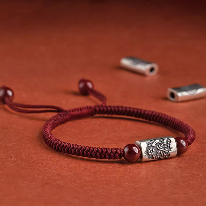 Buddha Stones 925 Sterling Silber 12 Chinesisches Sternzeichen Zinnober-Schnurarmband