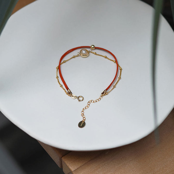 Buddha Stones 14K vergoldetes Perlenperlen-Glücksarmband mit roter Schnur und doppellagigem Armband