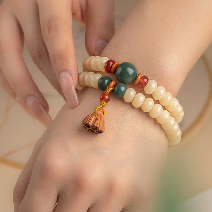 Buddha Stones Bodhi Seed Lotus Pod Charm Peace Double Wrap Armband