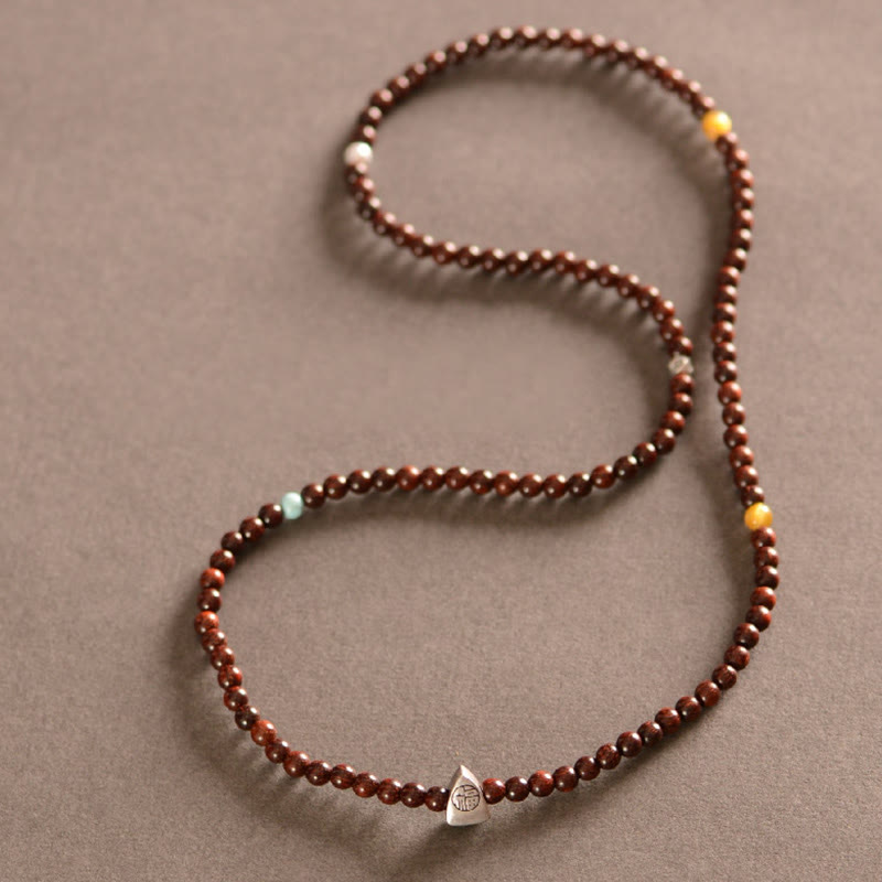 Buddha Stones, 925er-Sterlingsilber, indisches kleines Blatt, rotes Sandelholz, Fu-Charakterschutz, dreifach gewickeltes Armband