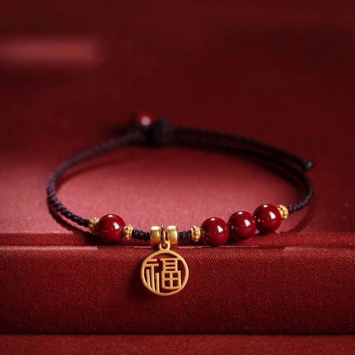 Buddha Stones Cinnabar Bead Fu Charakter Charm Segen geflochtenes Schnurarmband