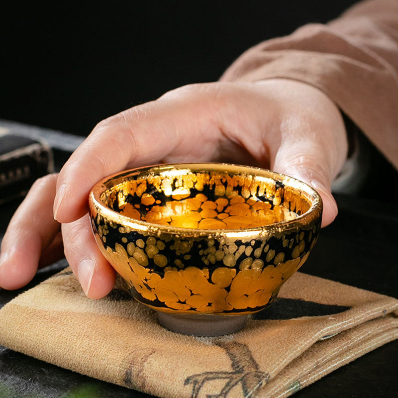 Buddha Stones, 24 Karat Gold, Punktmuster, chinesische Jianzhan-Keramik-Teetasse, Kung-Fu-Teetasse, Schüssel mit Geschenkbox