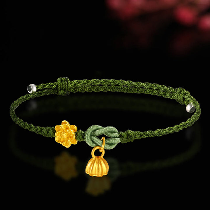 Buddha Stones Handgefertigtes 999 Gold Lotusblüten-Pod-Neuanfang-Flechtschnur-Armband