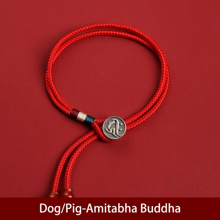 Buddha Stones 925 Sterling Silber chinesisches Sternzeichen Glück geflochtene rote Schnur Doppelschicht-Armband