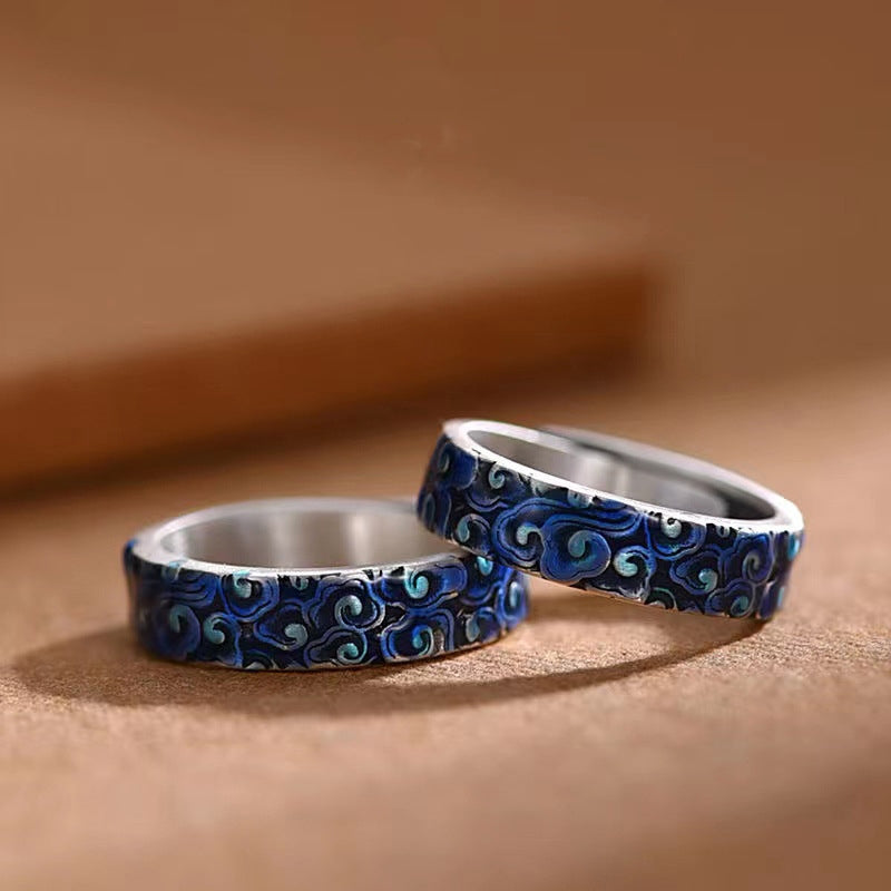 Verstellbarer Ring aus Kupfer mit Buddha Stonesn, blaues, verheißungsvolles Wolken-Design, Heilung