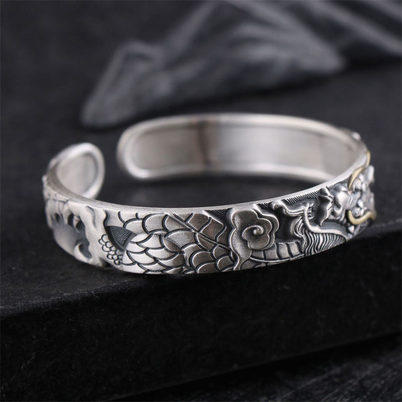 Buddha Stones 999 Sterling Silber Drache Stärke Schutz Armband Armreif