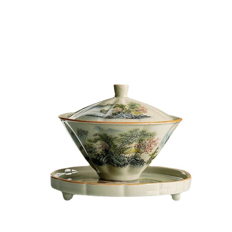 Buddha Stones Kiefer Berg Wald Landschaft Keramik Gaiwan Sancai Teetasse Kung Fu Teetasse und Untertasse mit Deckel