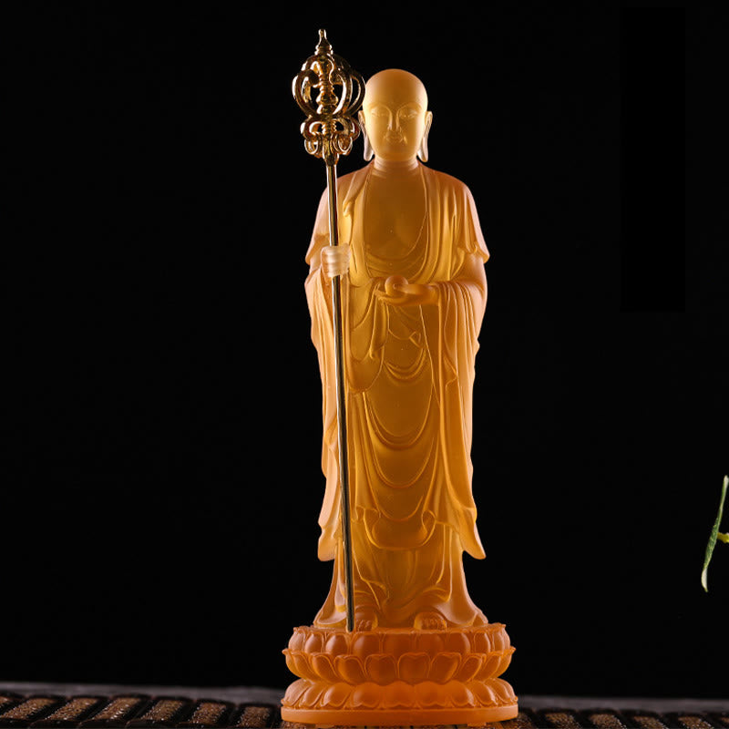 Buddha Stones, handgefertigte Ksitigarbha-Bodhisattva-Figur, Liuli-Kristallkunststück, Gelassenheitsstatue, Heimdekoration