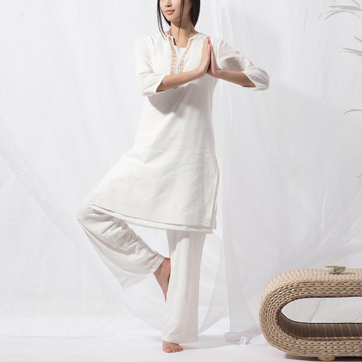 Buddha Stones 2-teiliges Tai Chi Meditation Yoga Baumwolle Kleidung Top Hosen Damen Set