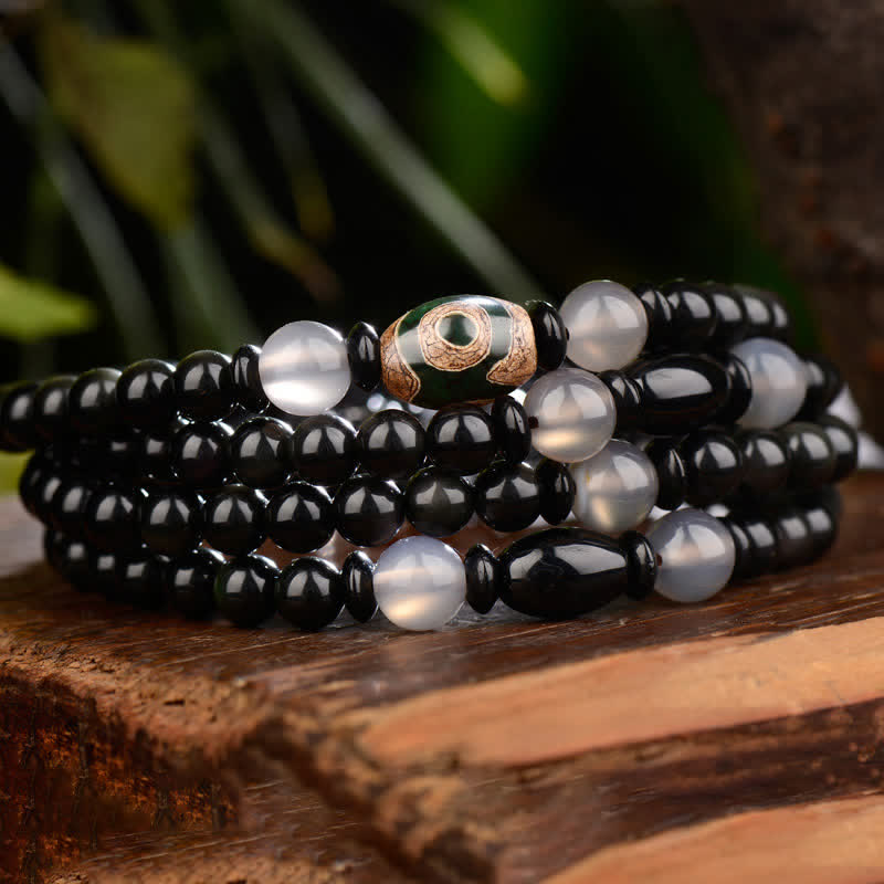 108 Perlen, schwarzer Obsidian, Dzi-Perle, Tigerauge-Achat, heilendes Mala-Armband