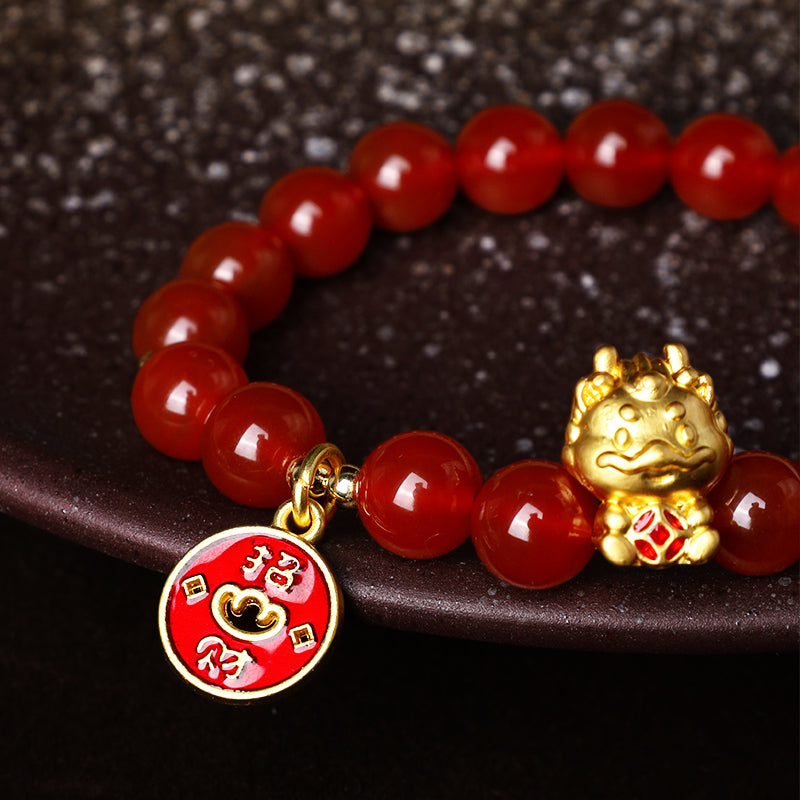 Buddha Stones, Jahr des Drachen, natürliches rotes Achat-Kupfer-Münze-Armband, das Glück anzieht