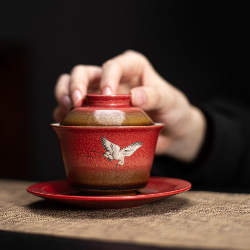 Buddha Stones, roter verheißungsvoller Kranich, Keramik, Gaiwan-Sancai-Teetasse, Kung-Fu-Teetasse und Untertasse mit Deckel