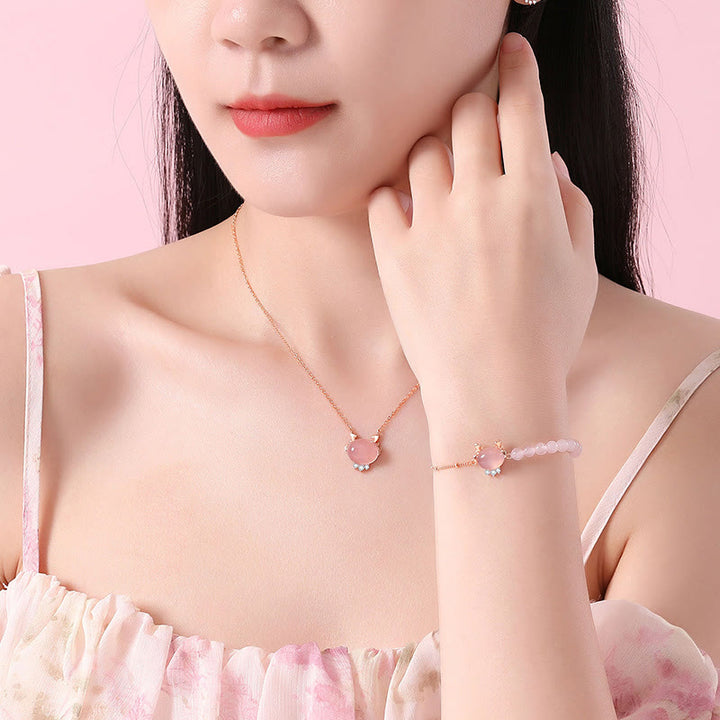 Buddha Stones 925 Sterling Silber Jahr des Drachen natürliche rosa Kristall Hetian Jade Drachen Glück Armband Halskette Anhänger Ohrringe