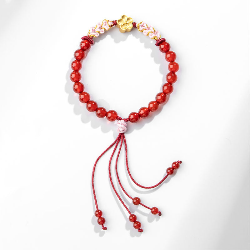 Buddha Stones 999 Sterling Silber natürliches rotes Achat-Rosa-Kristall-Kirschblüten-Armband