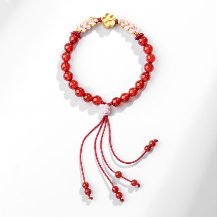 Buddha Stones 999 Sterling Silber natürliches rotes Achat-Rosa-Kristall-Kirschblüten-Armband