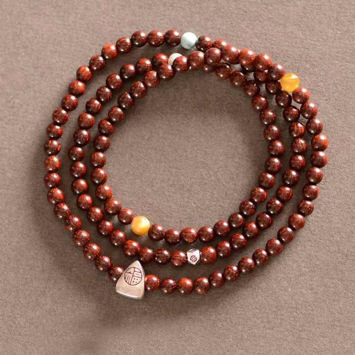 Buddha Stones, 925er-Sterlingsilber, indisches kleines Blatt, rotes Sandelholz, Fu-Charakterschutz, dreifach gewickeltes Armband