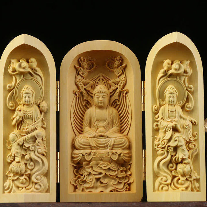 Handgeschnitzter tragbarer Buddha-Buchsbaum-Serenity-Home-Deko-Altar