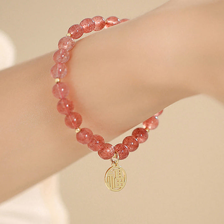 Buddha Stones 14K vergoldetes Erdbeerquarz-Fu-Charakter-Heilungs-Charm-Armband