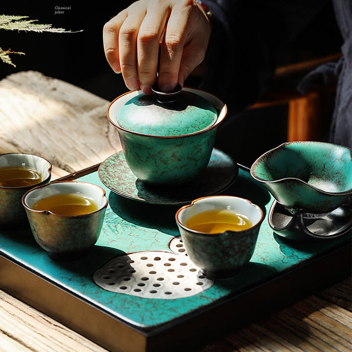 Buddha Stones Retro Grüne Glasur Keramik Gaiwan Sancai Teetasse Kung Fu Teetasse und Untertasse mit Deckel