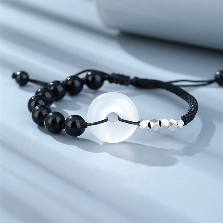 Buddha Stones 925 Sterling Silber schwarzes Obsidian-Achat-Friedensschnallen-Stärke-Armband