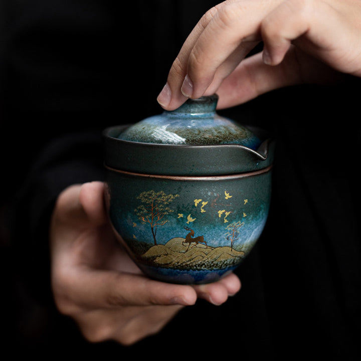 Buddha Stones Keramik-Teetasse, Hirsch, Bergbäume, schöne Katze, schwarze Teetasse mit Deckel und Beutel