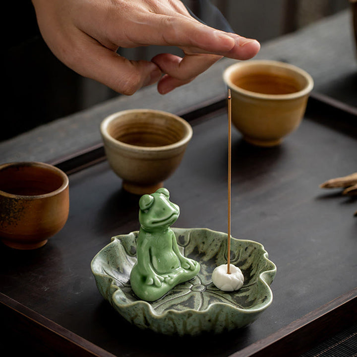 Buddha Stones, Blatt-Meditation, Frosch-Muster, heilende Keramik-Räuchergefäß-Dekoration