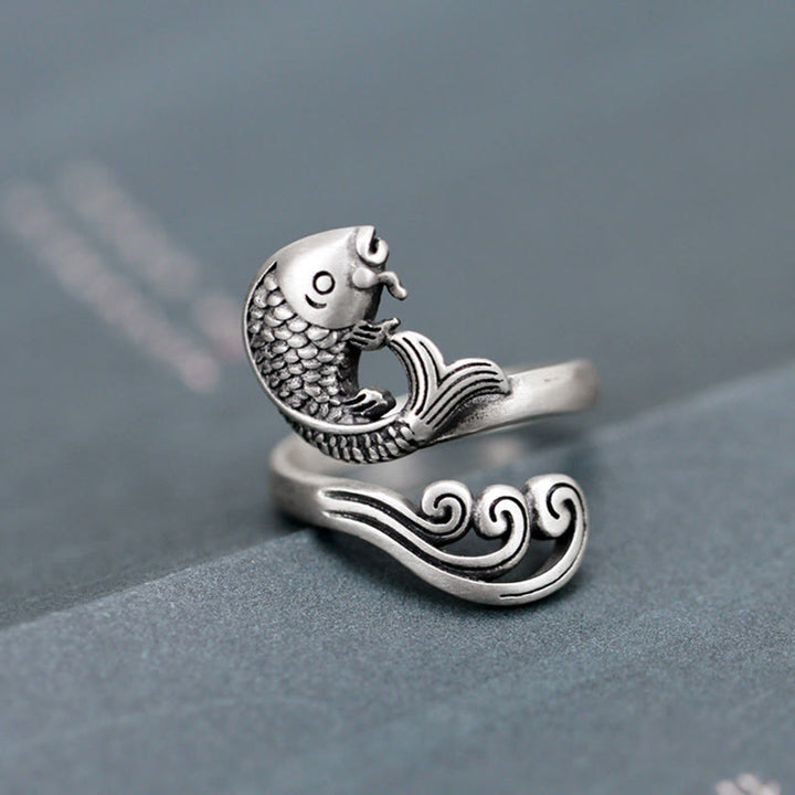 Buddha Stones 925 Sterling Silber Koi Fisch Wasser Welligkeit Glück Reichtum Ring