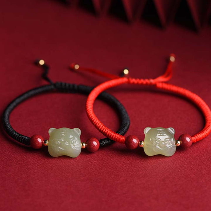 Buddha Stones Jade-Zinnober-Lucky-Tiger-Schnur-Armband