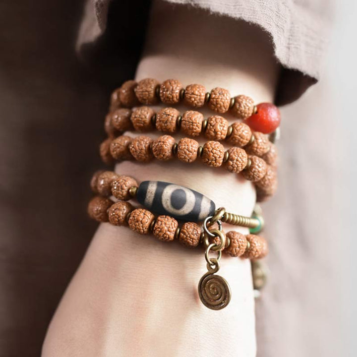 108 Mala Rudraksha-Perlen, Bodhi-Samen, Dzi-Perlen, Glücksverheißung, Quastenarmband