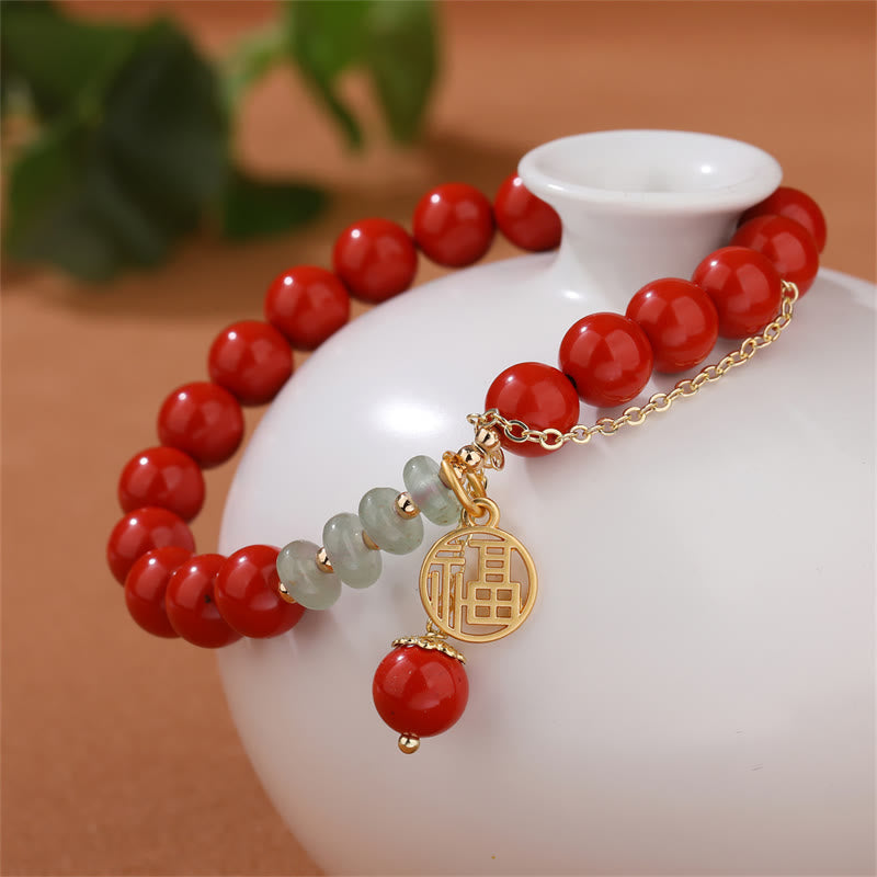 Buddha Stones Cinnabar Auspicious Fu Character Jade Calm Armband