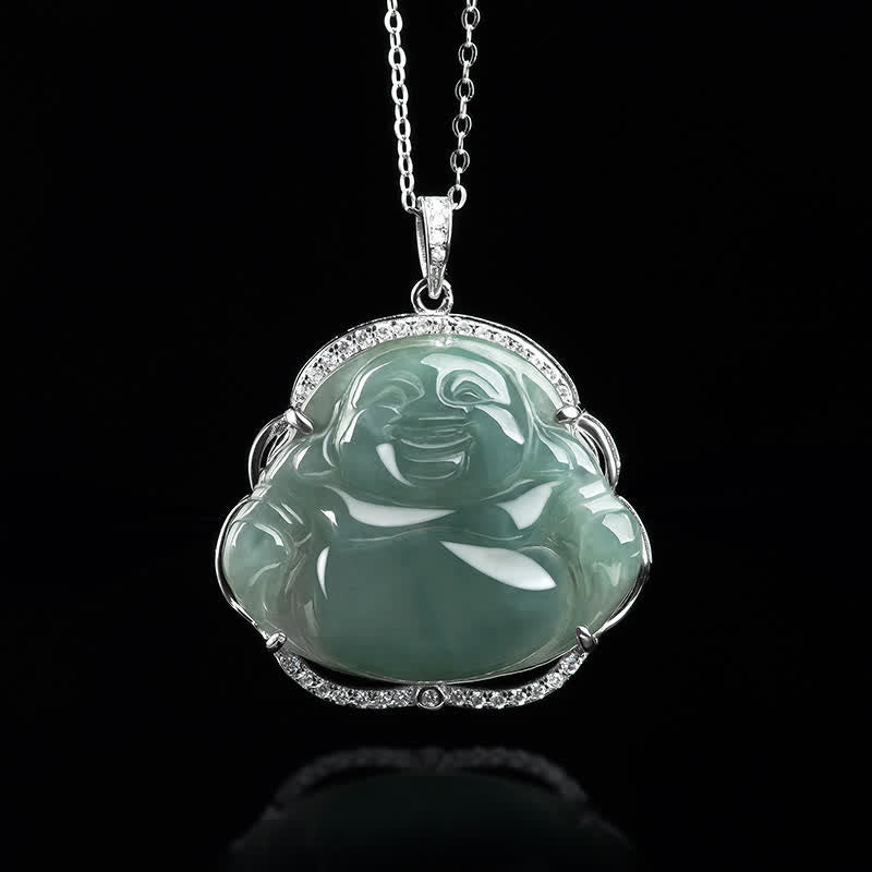 Buddha Stones 925 Sterling Silber Lachender Buddha Natürliche Jade Glück Halskette Kettenanhänger