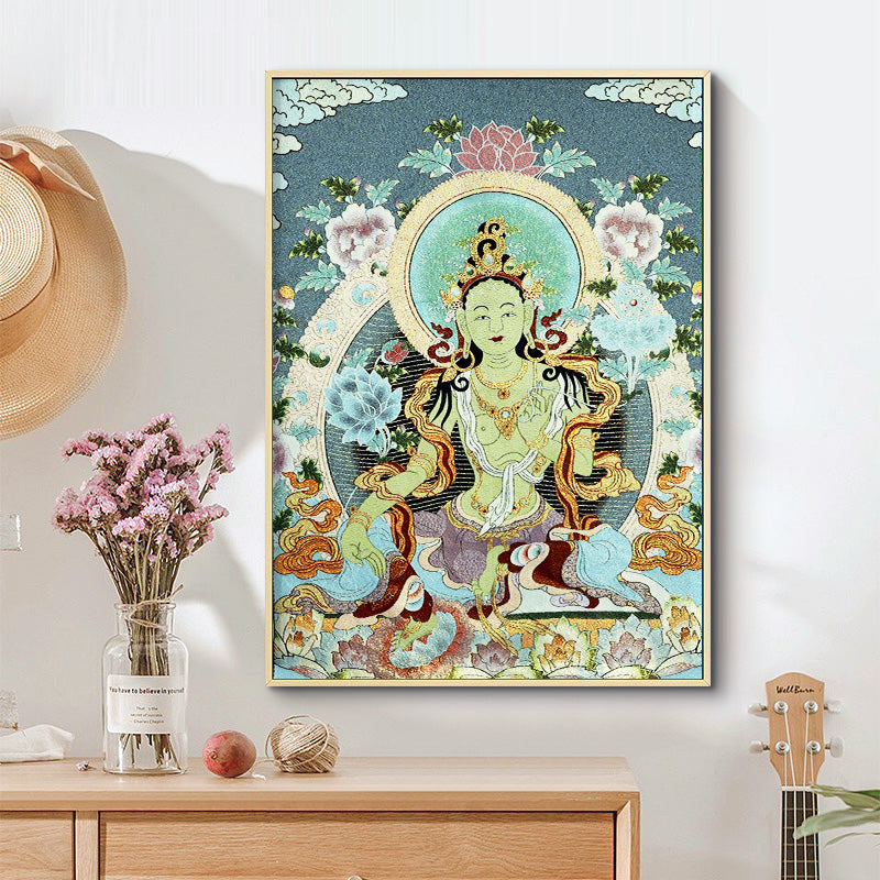 Buddha Stones, tibetische Seidenstickerei, Weiß Tara-Thangka-Wandteppich, Wandbehang, Wandkunst, Meditation für Heimdekoration