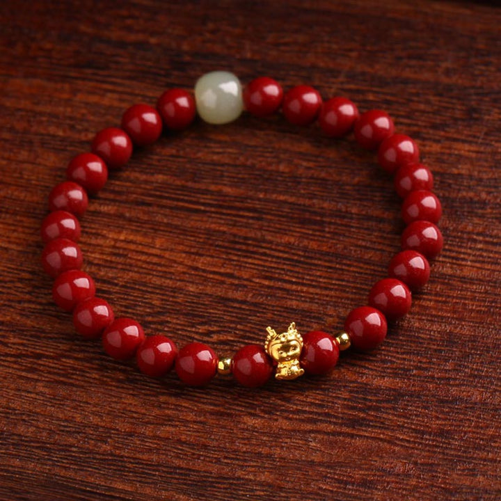 Buddha Stones 999 Gold Jahr des Drachen natürliches Zinnober-Jade-Kupfer-Münze-Fu-Charakter-Segen-Armband