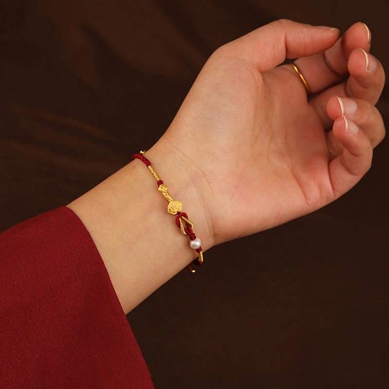 Buddha Stones 24K Gold Wish Ruyi Handle Fu Charakter Kaninchen Perle Glück geflochtenes Armband