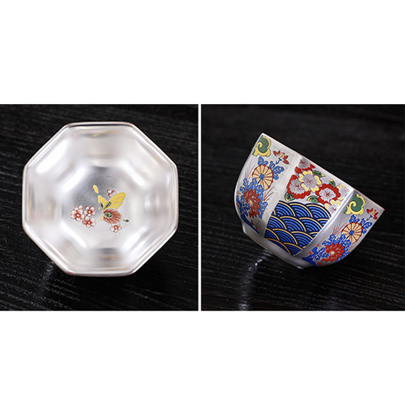 Buddha Stones 999 Sterling Silber Vergoldung Chrysanthemenblüten Keramik Teetasse Kung Fu Teetasse