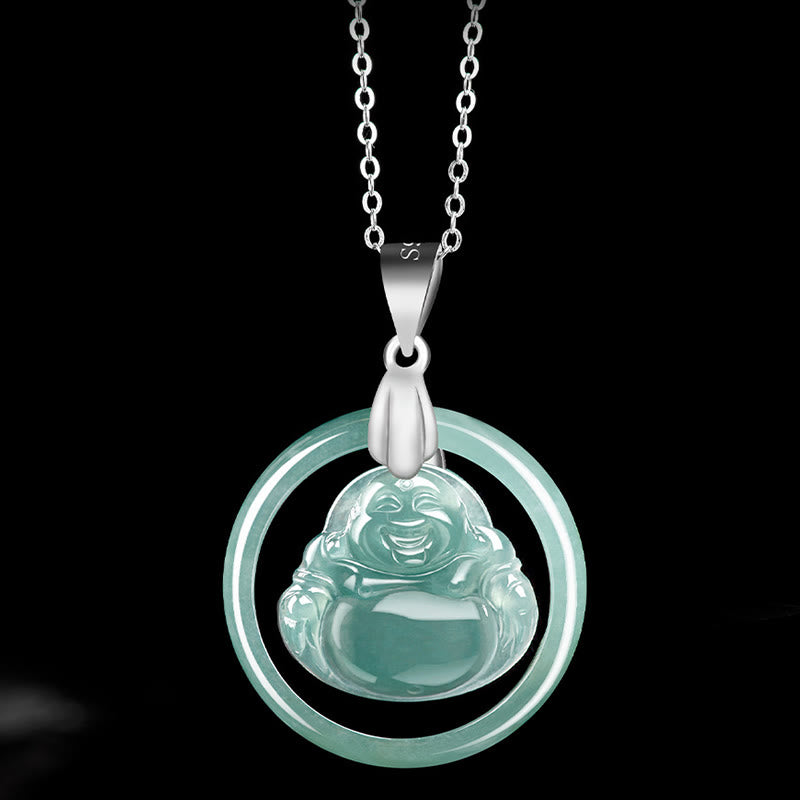 Buddha Stones 925 Sterling Silber natürliche Jade rund lachender Buddha Fülle Kette Halskette Anhänger