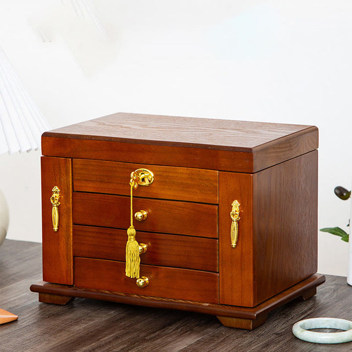 Buddha Stones Vintage Schmuckschatulle aus Holz mit großem Fassungsvermögen, Schmuckaufbewahrungsbox mit Spiegel