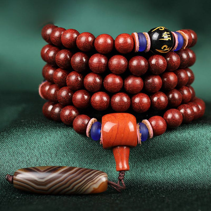 Tibetisches Mala-Balance-Halskettenarmband mit kleinen Blättern aus rotem Sandelholz