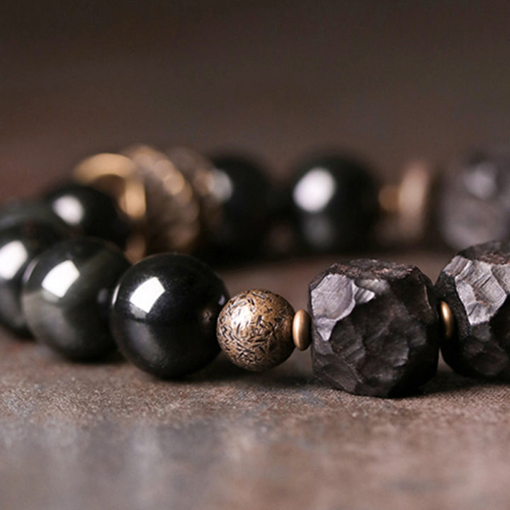 Buddha Stones Schwarzes Obsidian-Ebenholz-Kupfer-Stärke-Paar-Armband