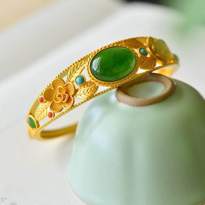 Buddha Stones Cyan Jade Weiß Jade Blume Blatt Harmonie Glück Armband Armreif