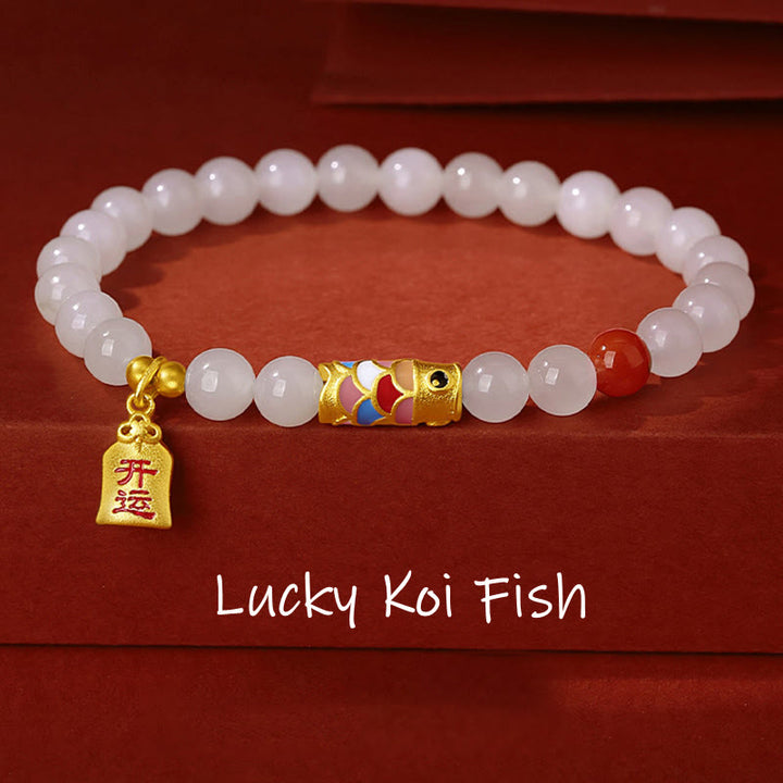 Buddha Stones 925 Sterling Silber Hetian Weiß Jade Roter Achat Koi Fisch Glück Glücksarmband