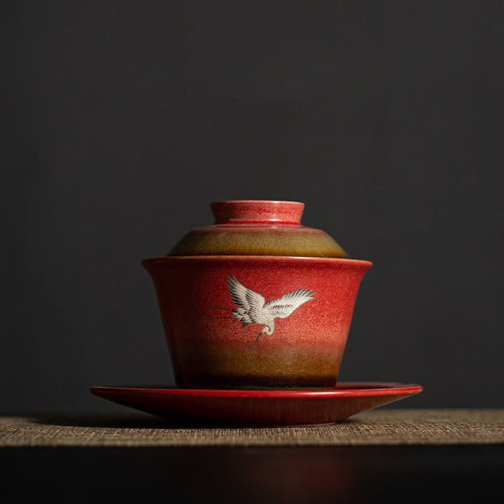 Buddha Stones, roter verheißungsvoller Kranich, Keramik, Gaiwan-Sancai-Teetasse, Kung-Fu-Teetasse und Untertasse mit Deckel