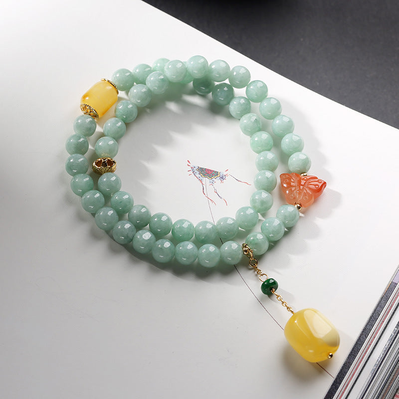 Buddha Stones Armband aus 925er-Sterlingsilber, natürlicher Jade, Bernstein, Schmetterling, Glück, Fülle
