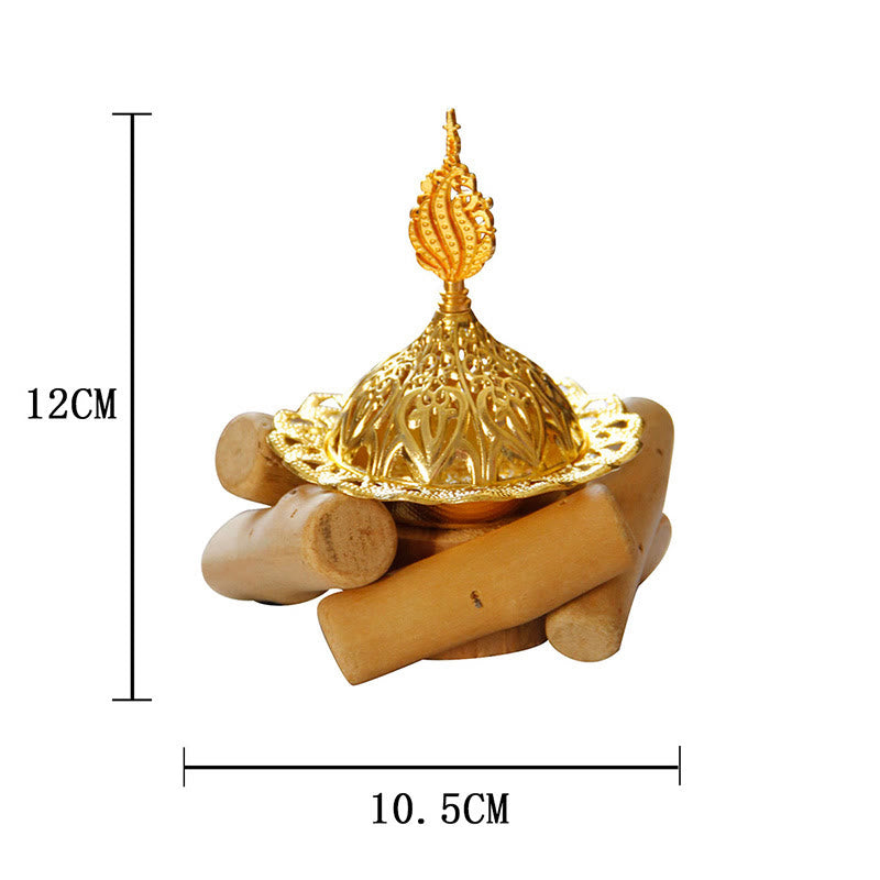 Heilender Mini-Räucherbrenner aus Goldlegierung mit Holzuntersetzer, Heimdekoration