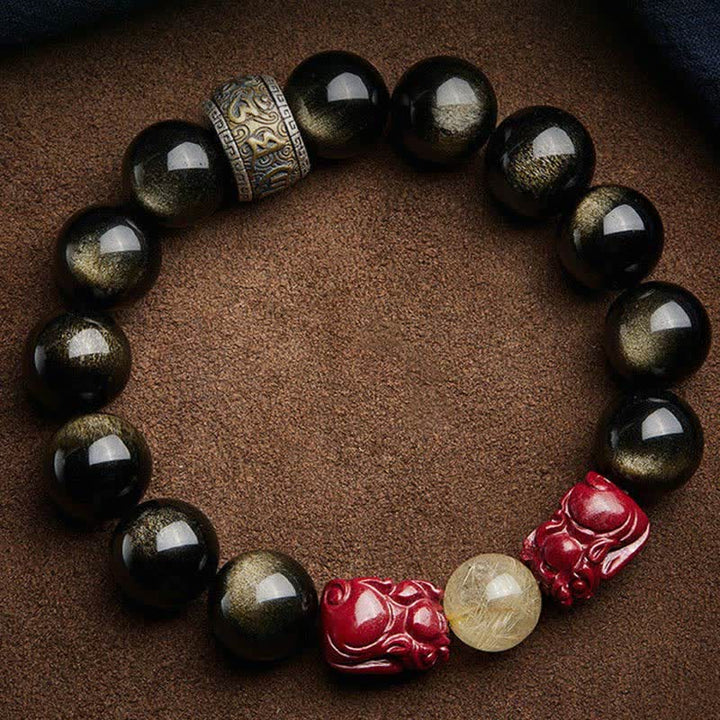 Buddha Stones Gold Sheen Obsidian PiXiu Cinnabar Om Mani Padme Hum Schutzarmband