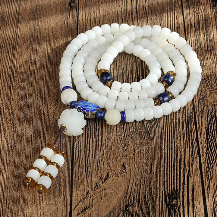 Buddha Stones Weiß Bodhi Lotus Mala Focus Armband