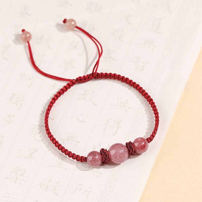 Buddha Stones natürliches Erdbeerquarz-Kristall-Liebes-Armband mit rotem Schnurgeflecht, Fußkettchen